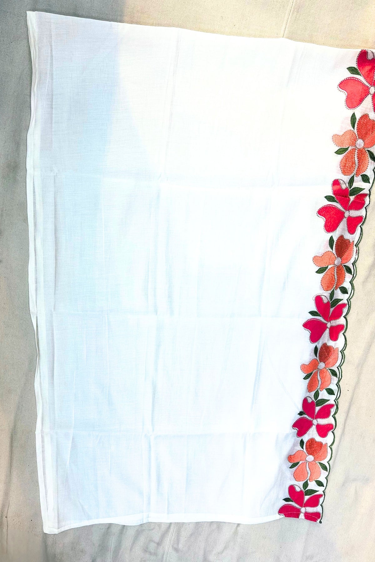 Off White Linen Cotton Threadwork Kurta Set with Cotton Bottom & Dupatta