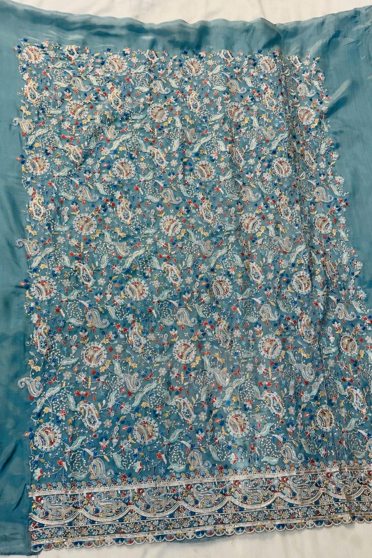 Grey Kanni Silk Threadwork Embroidered Suit Set with Brasso Dupatta