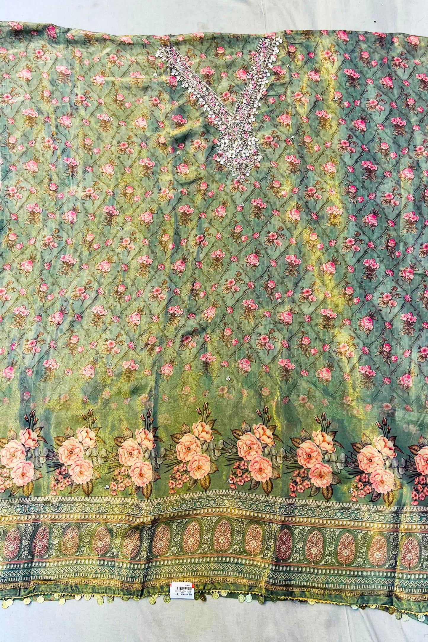 Dark Pista Green Kosa Silk Printed Suit Set
