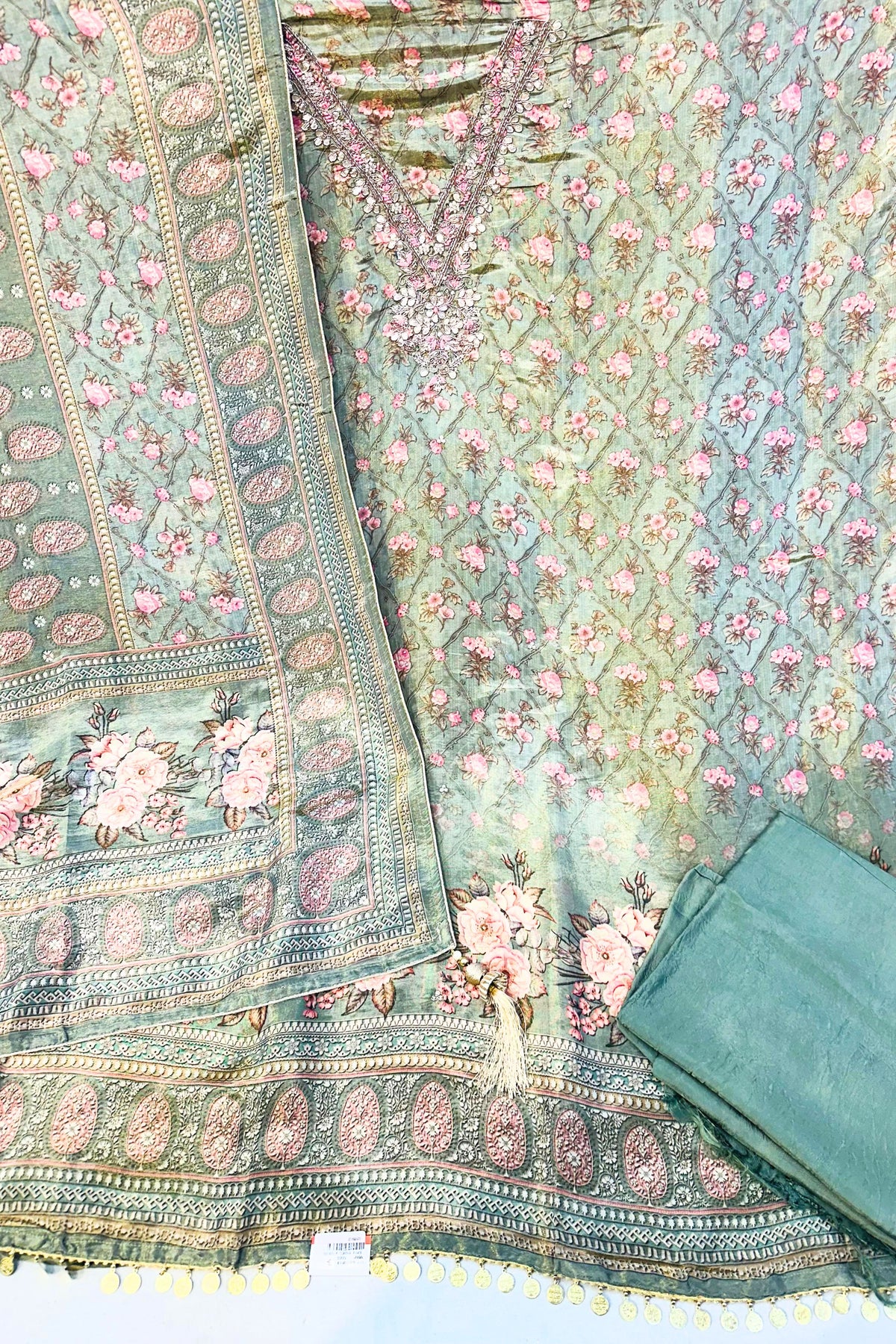 Dark Pista Green Kosa Silk Printed Suit Set