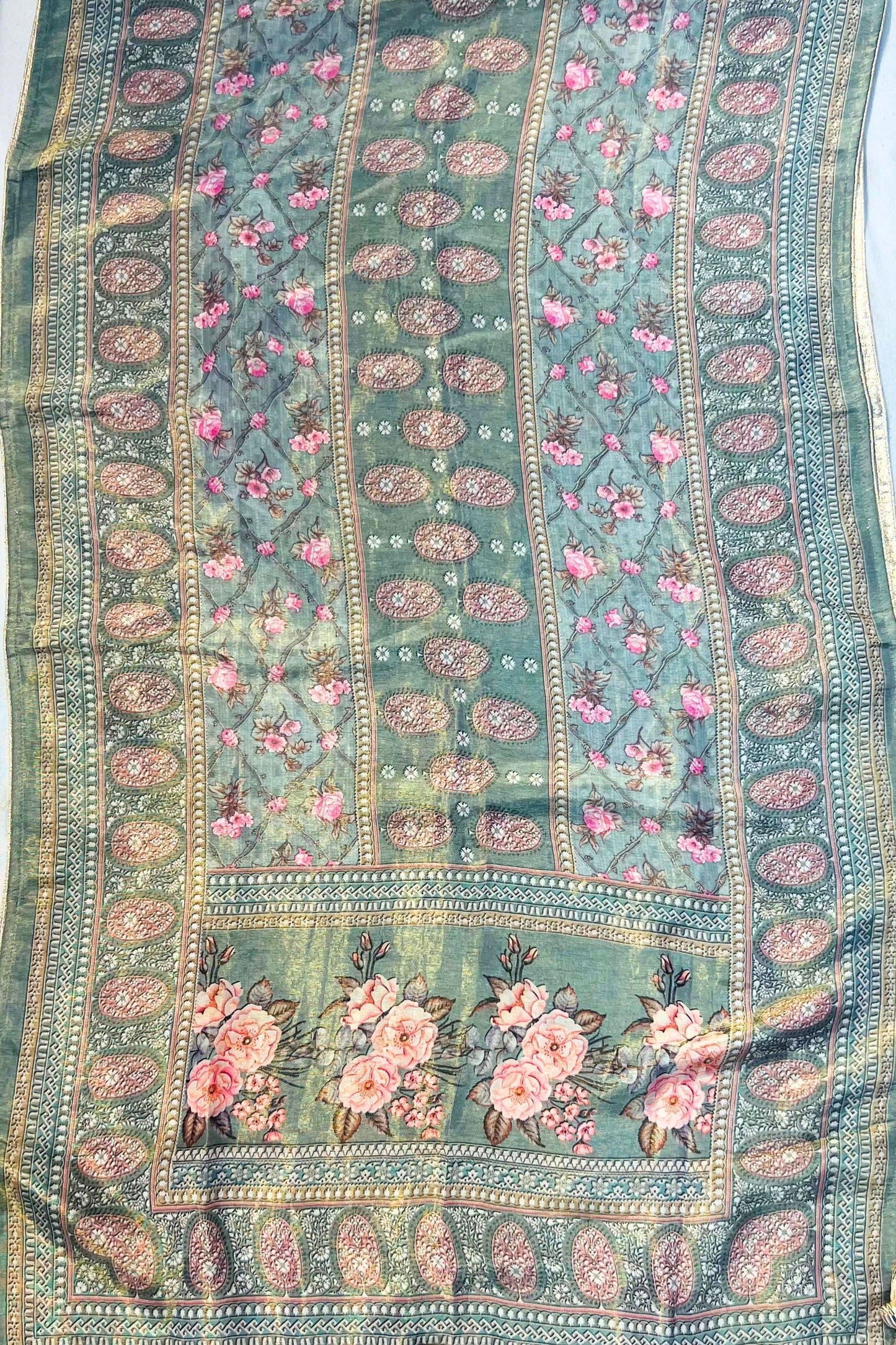 Dark Pista Green Kosa Silk Printed Suit Set