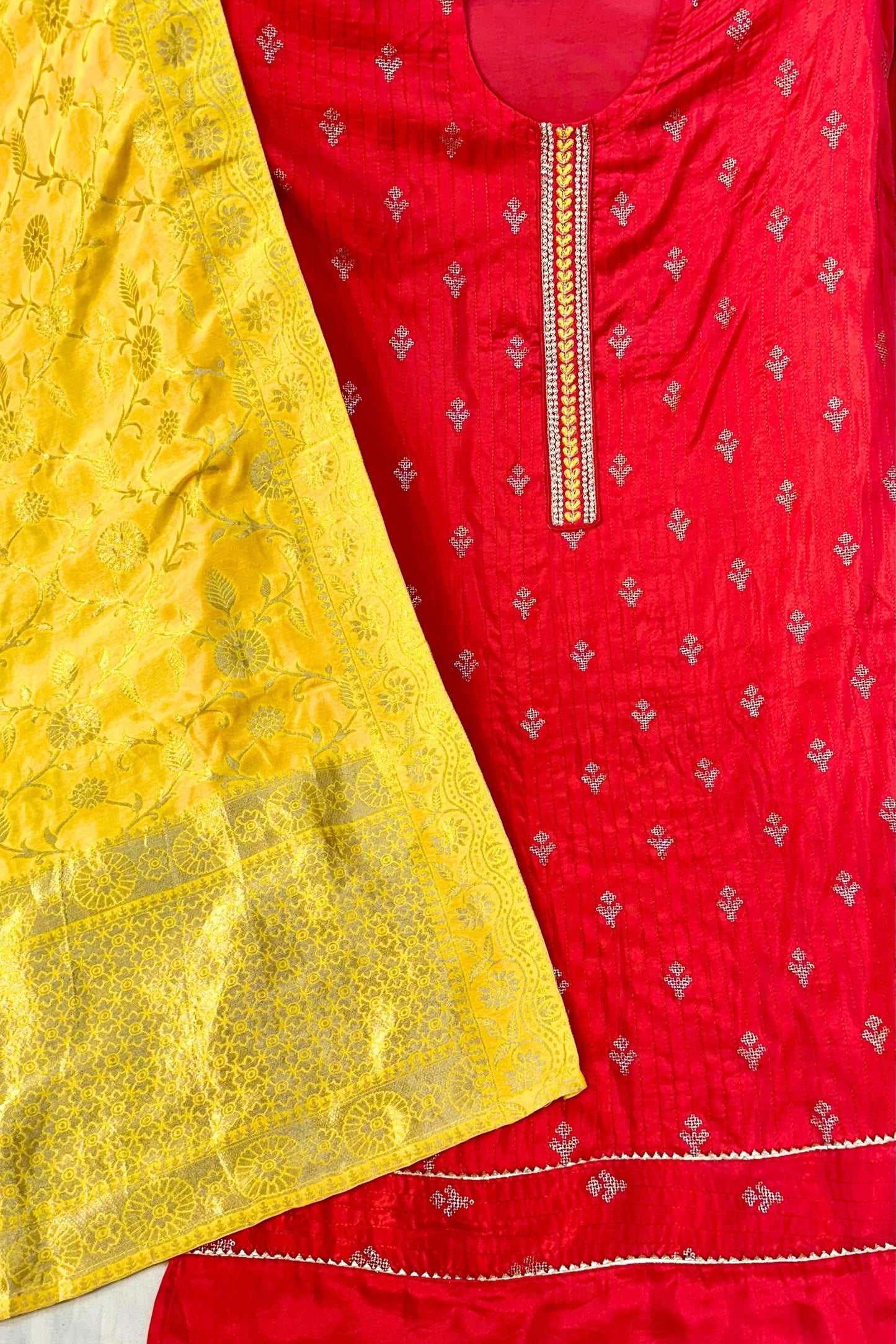 Red Kosa Silk Suit with Sippi & Patch Work and Yellow Banarasi Dupatta