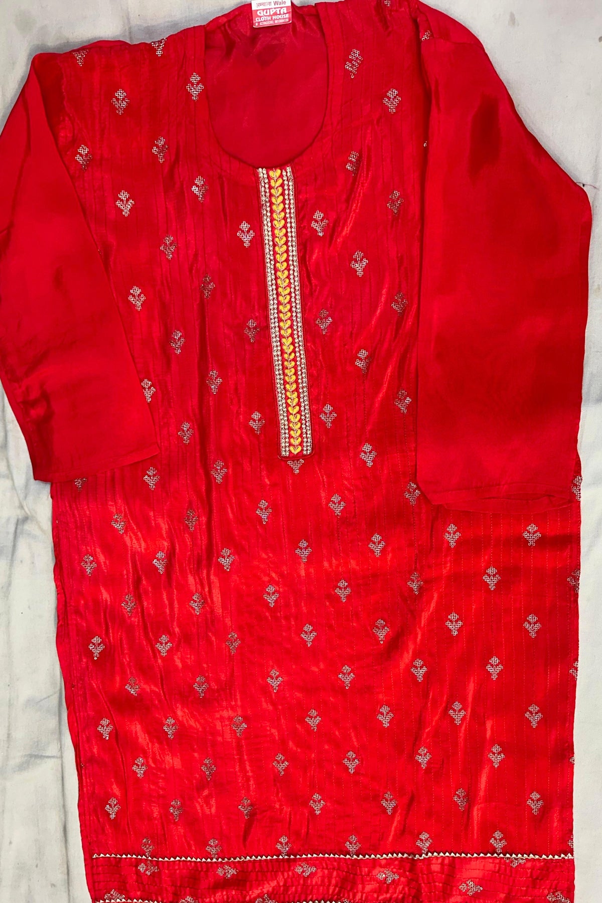 Red Kosa Silk Suit with Sippi & Patch Work and Yellow Banarasi Dupatta