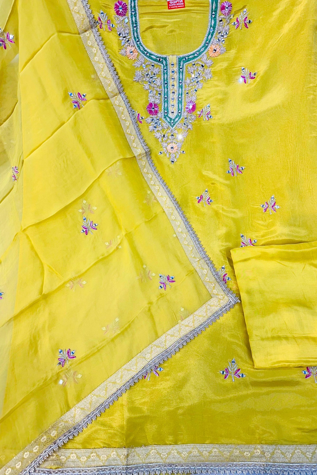 Mustard Yellow Shimmer Silk Embroidered Suit Set