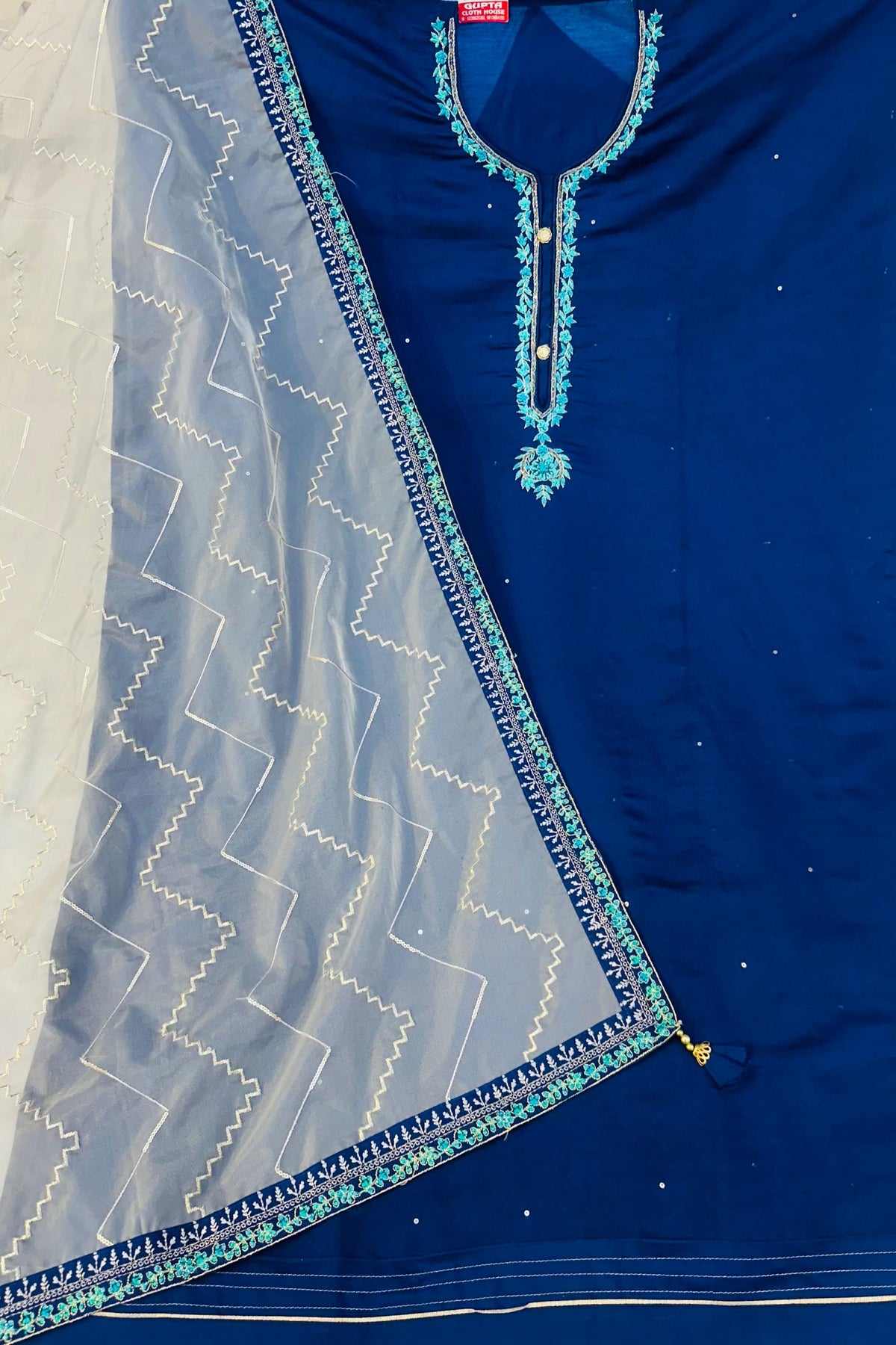 Navy Blue Muslin Cotton Suit with Thread & Naqli Work – Light Golden Organza Dupatta