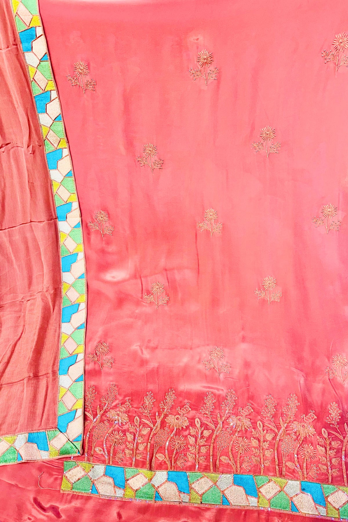 Salmon Pink Pure Crape Embroidered Suit Set