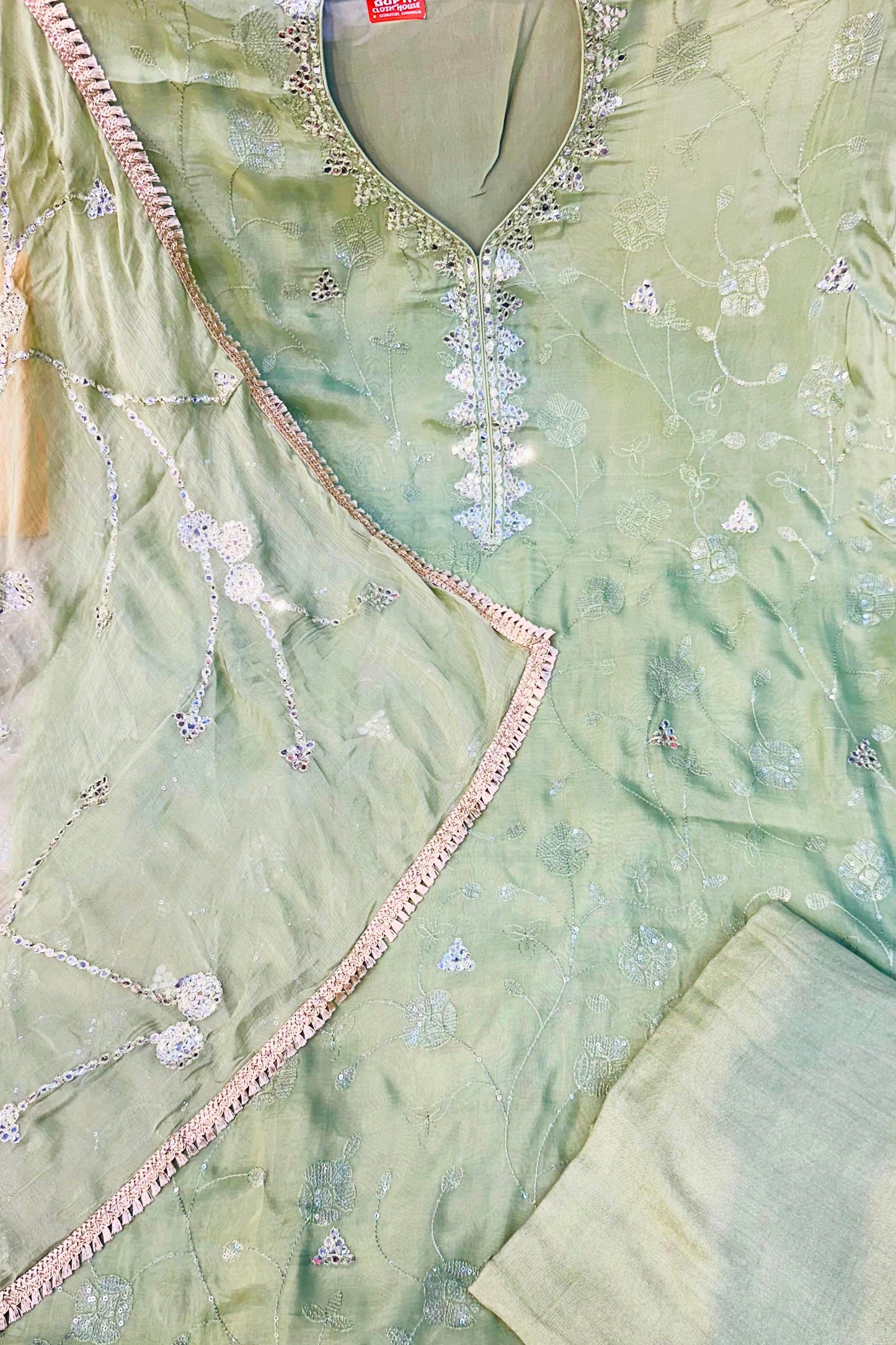 Pista Green Organza Embroidered Suit Set
