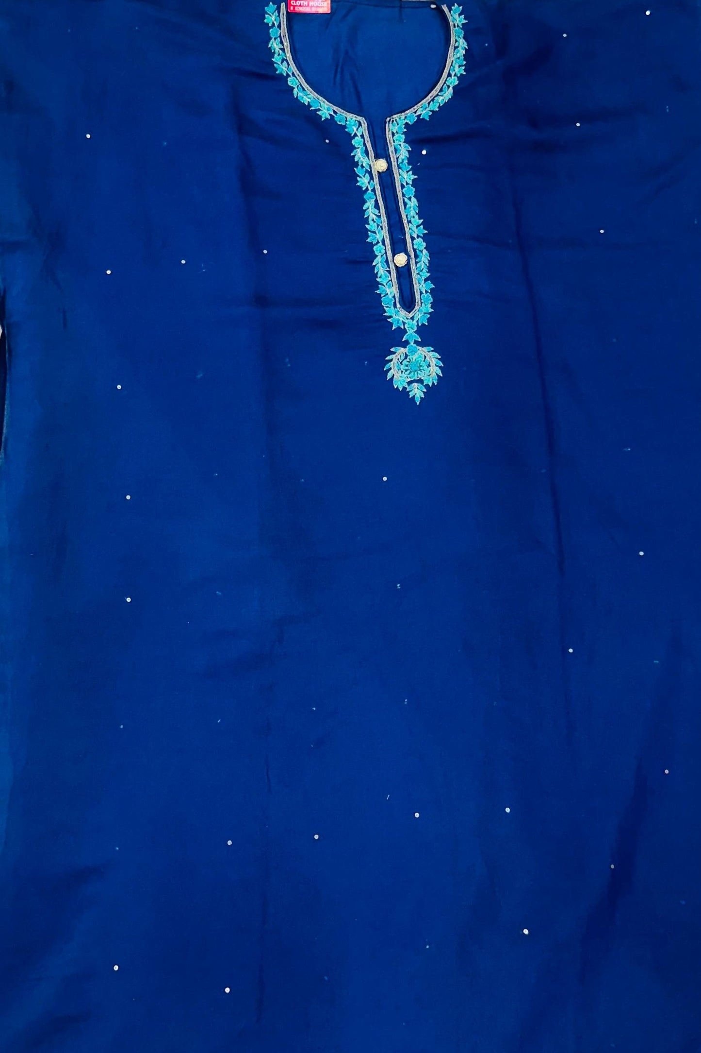 Navy Blue Muslin Cotton Suit with Thread & Naqli Work – Light Golden Organza Dupatta