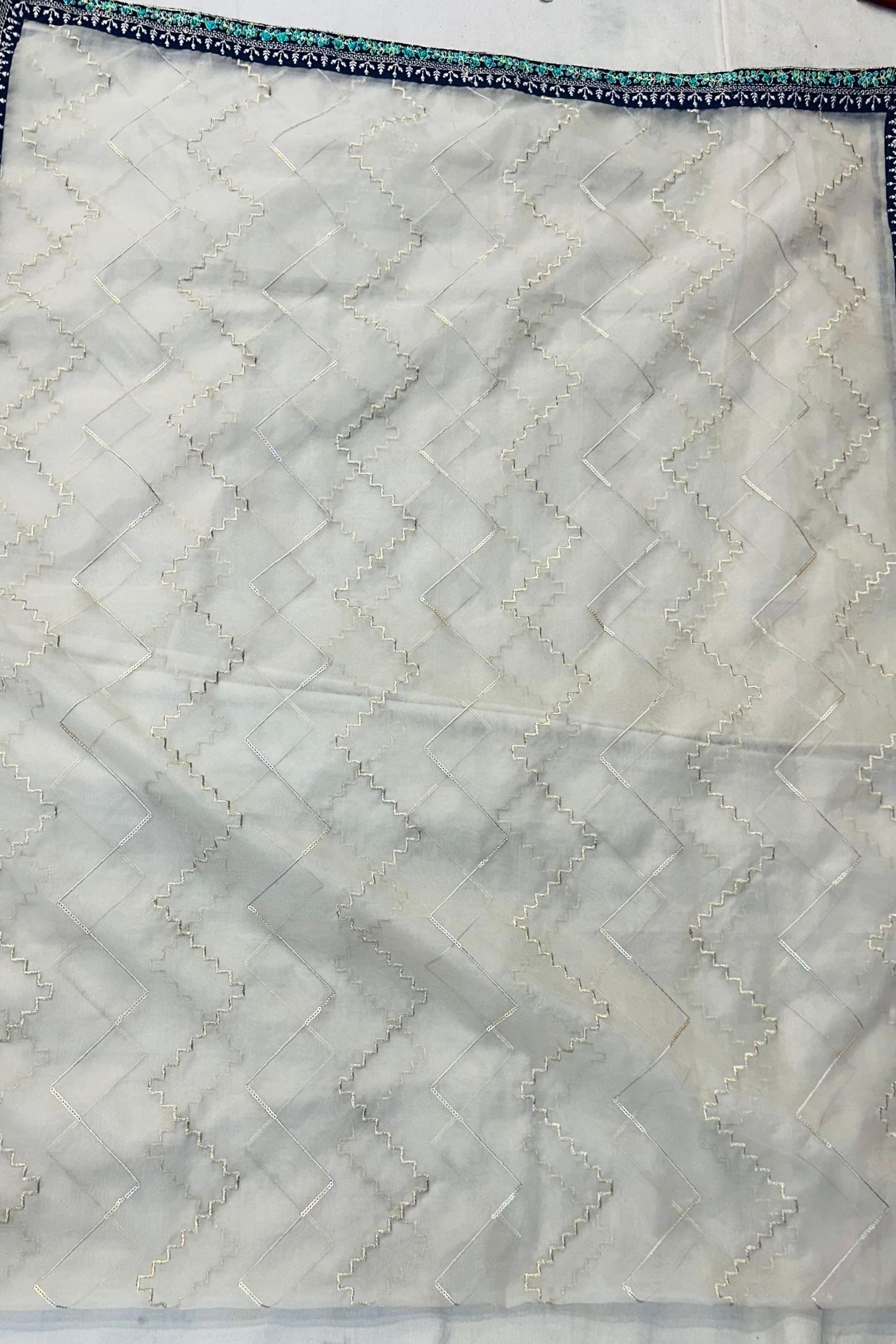 Navy Blue Muslin Cotton Suit with Thread & Naqli Work – Light Golden Organza Dupatta