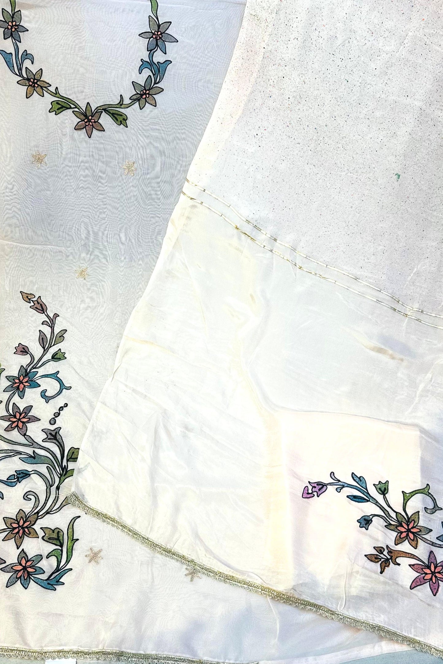 Peach Organza Block Printed Suit Set with Modal Cotton Dupatta