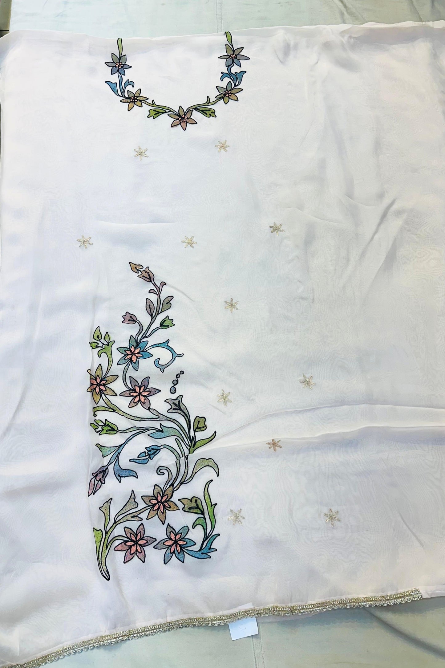 Peach Organza Block Printed Suit Set with Modal Cotton Dupatta
