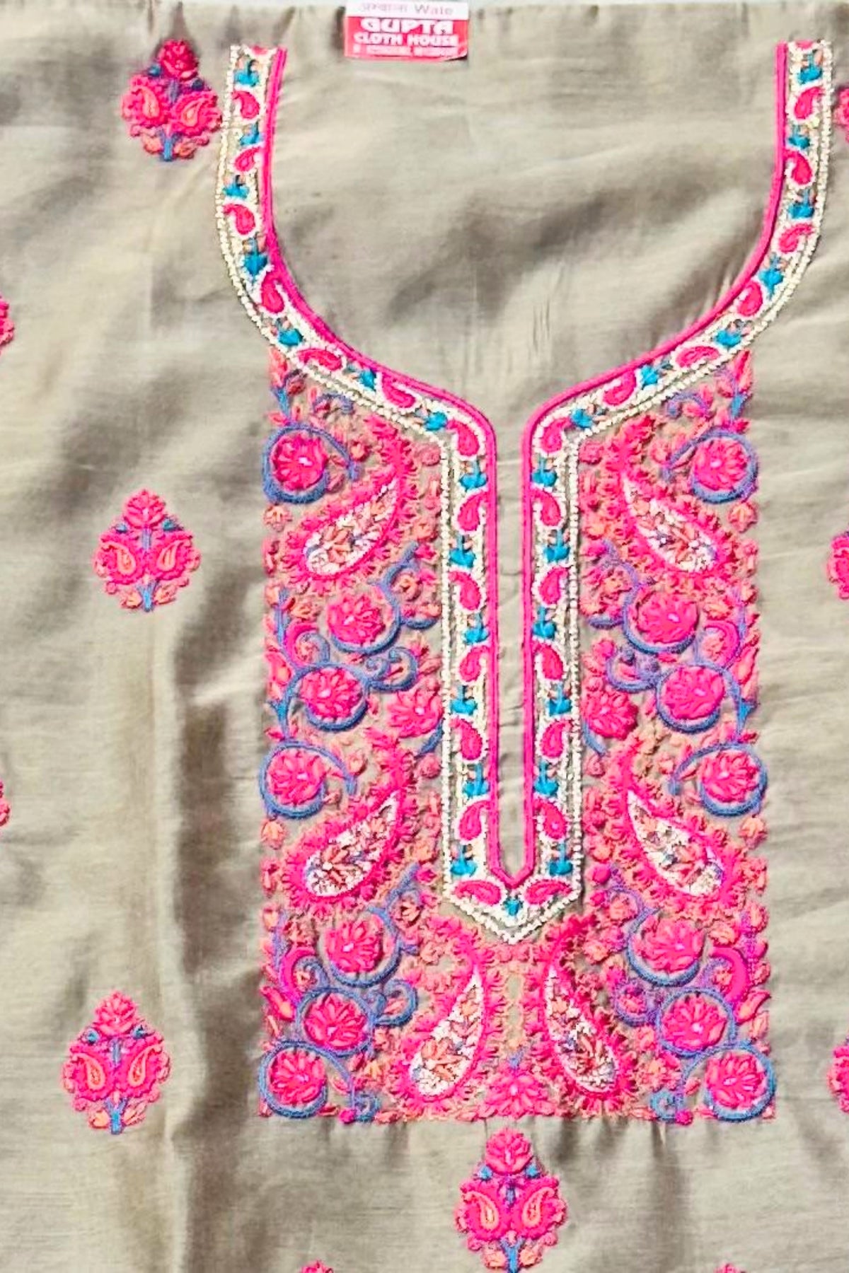 Maheshwari Silk Threadwork Suit Set – Light Golden & Rani Pink