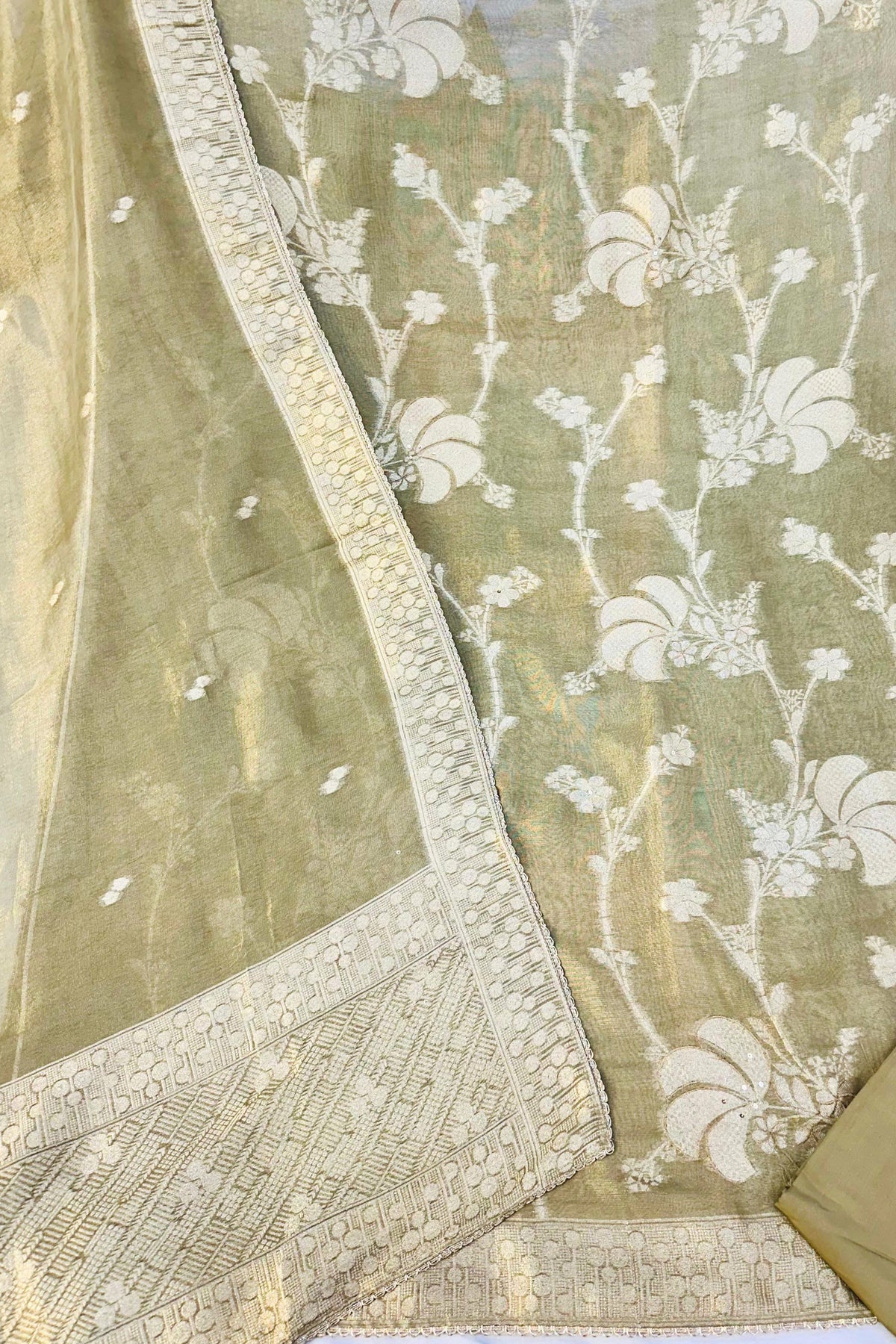 Golden Mehndi Shimmer Silk Suit Set with Kheem Khaam Dupatta