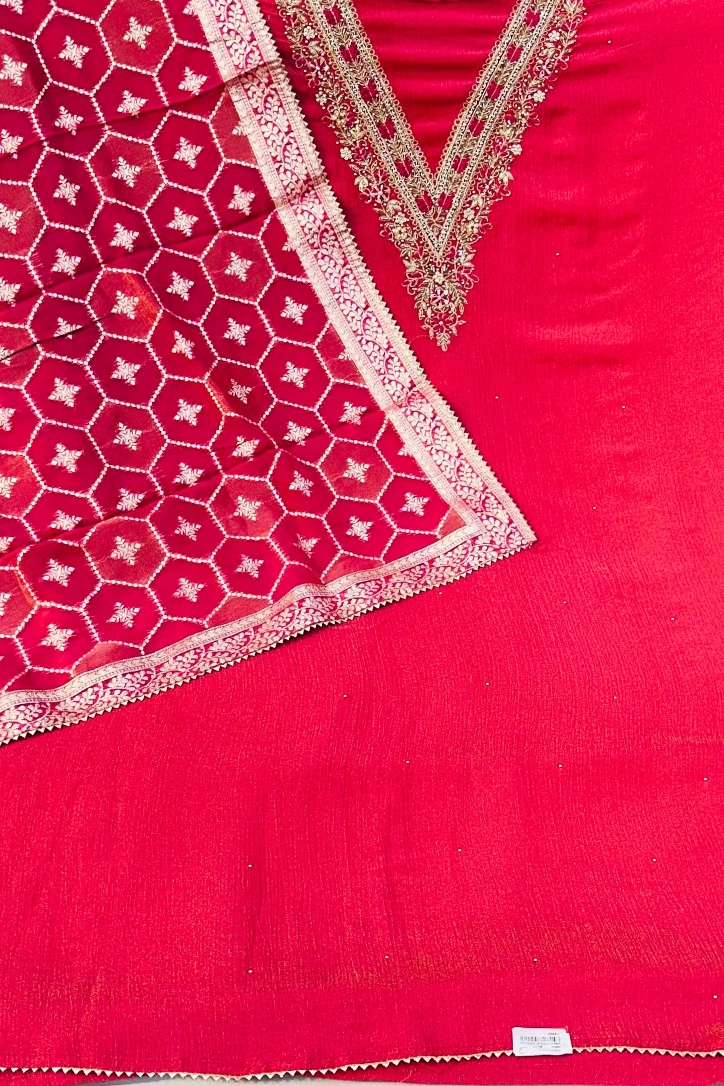 Rani Pink Crush Shimmer Suit Set with Organza Dupatta