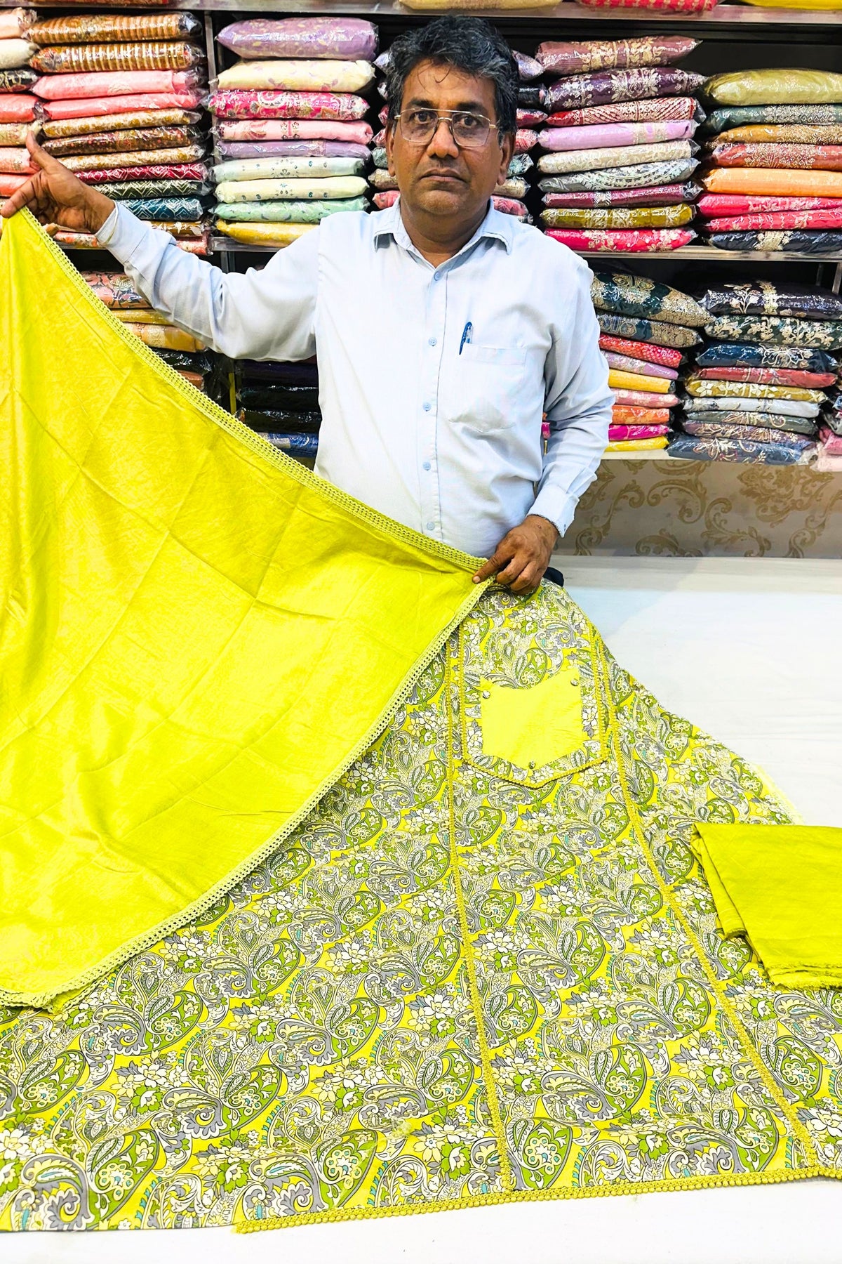 Neon Green Printed Musleen Suit Set with Lace & Four-Side Border Dupatta