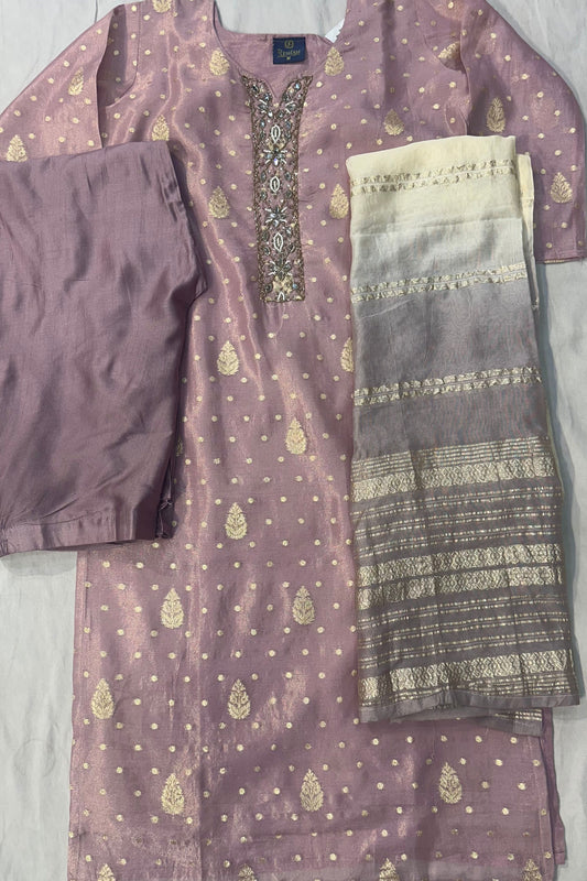 Light Onion Tissue Suit with Tilla Work & Double Shade Tissue Dupatta