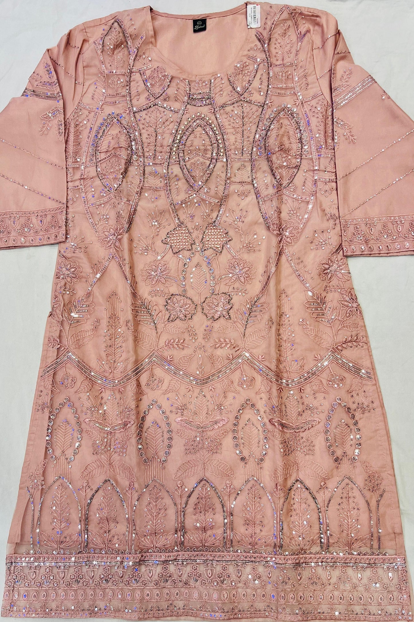 Peach Organza Tissue Handwork Suit Set with Heavy Dupatta