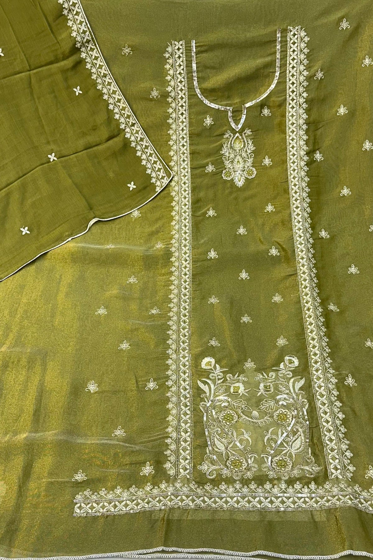 Mehndi Shimmer Silk Embroidered Suit Set with Chinon Dupatta