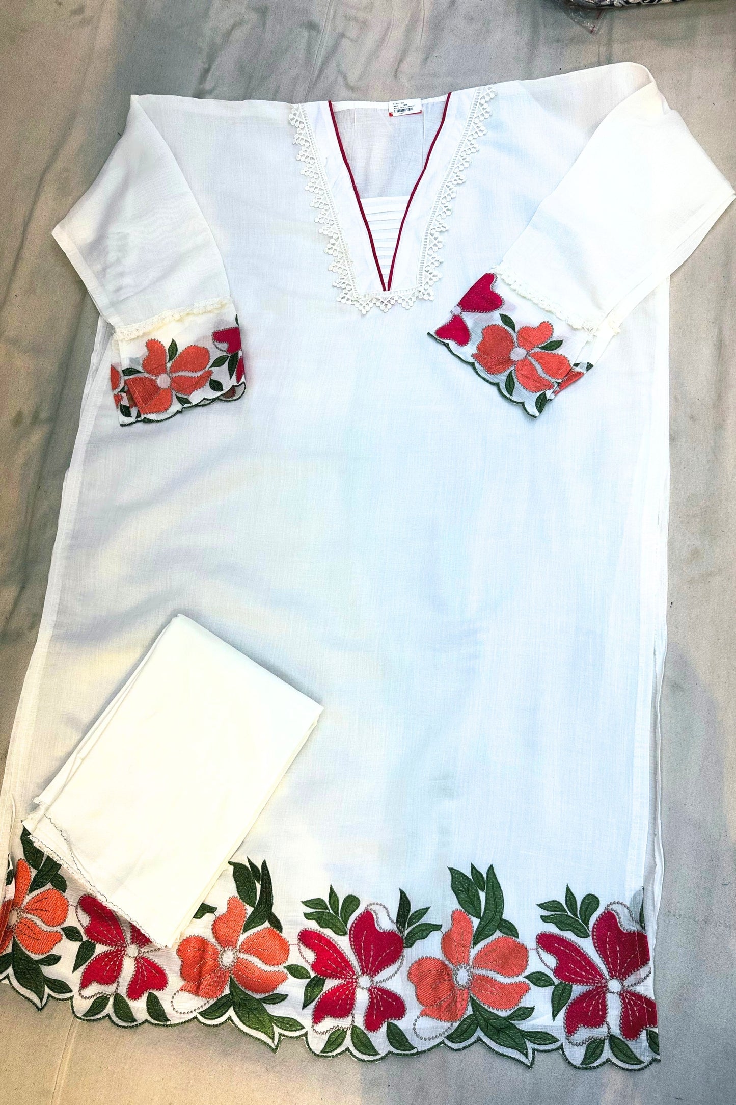Off White Linen Cotton Threadwork Kurta Set with Cotton Bottom & Dupatta