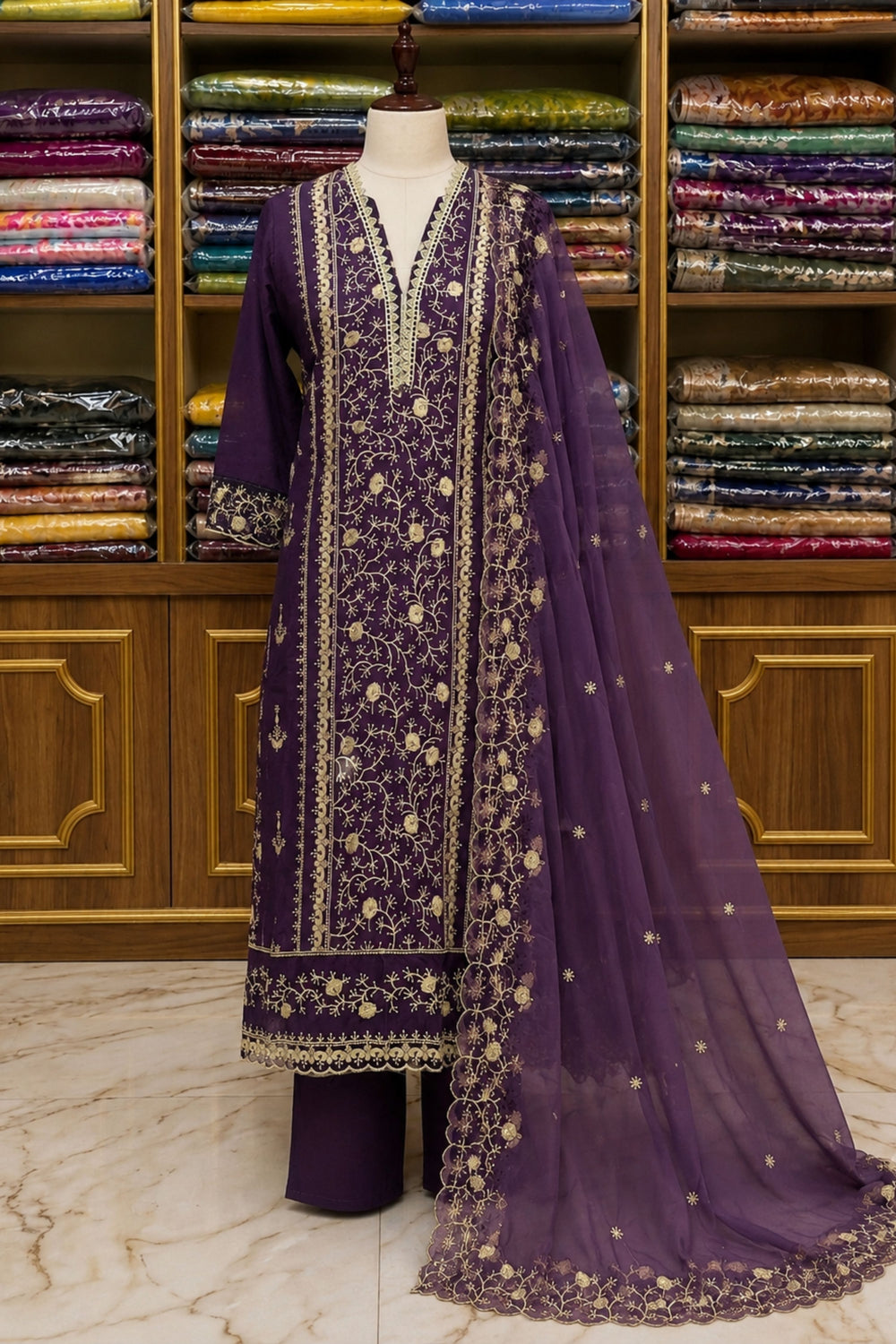 Purple Self Silk Threadwork Suit Set