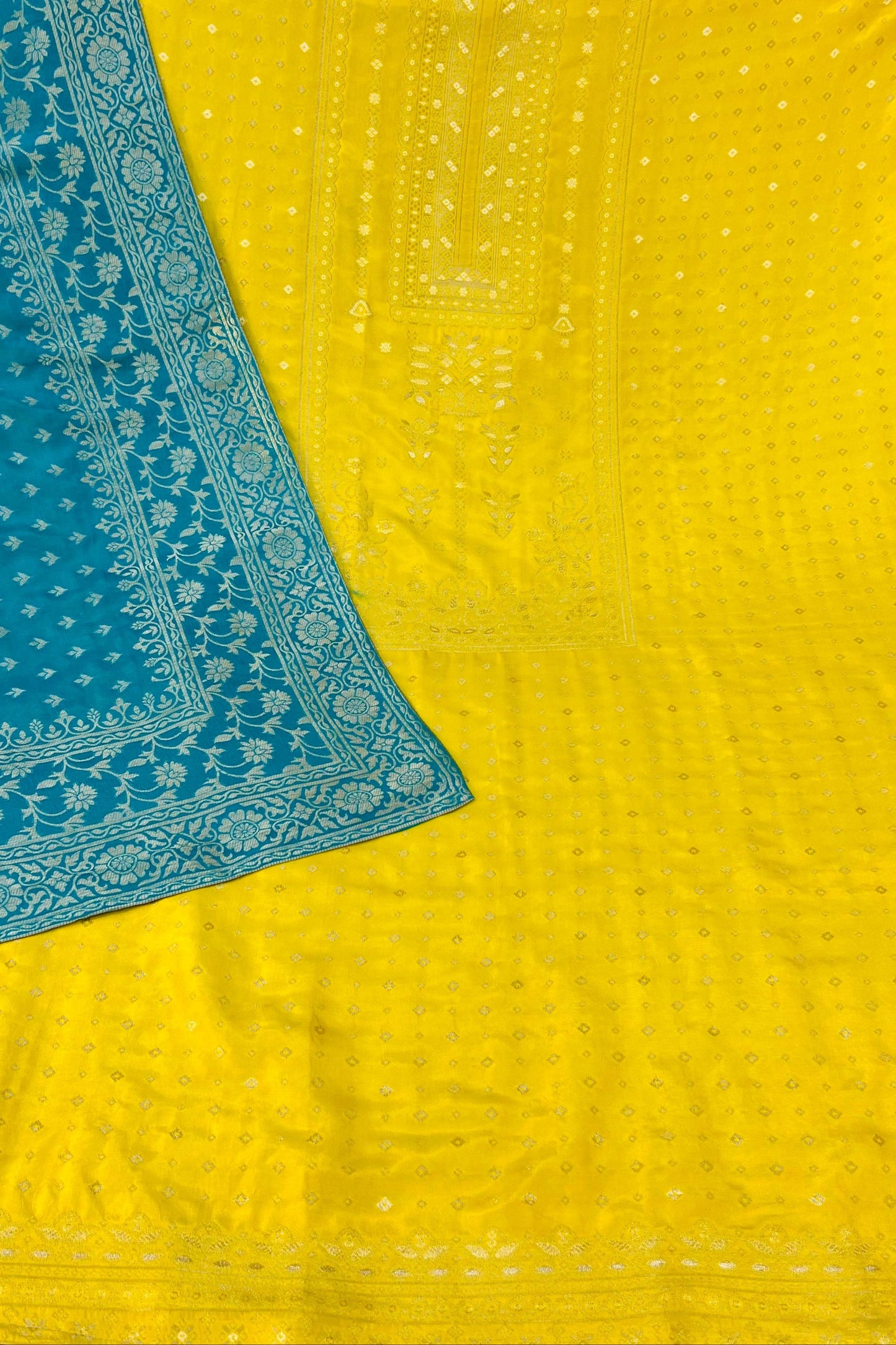 Banarasi Silk Suit Set – Yellow with Peacock Blue Dupatta