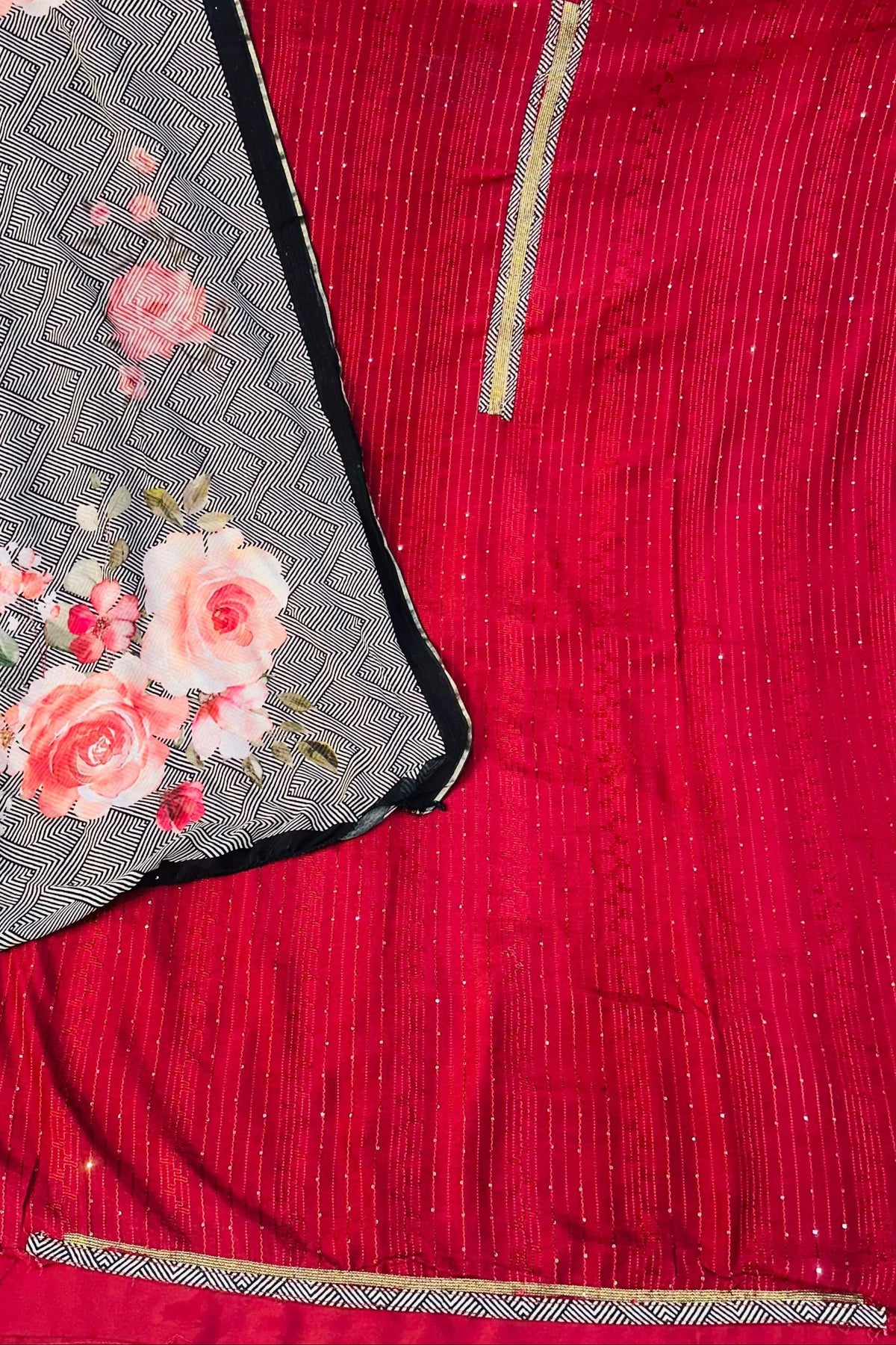 Cherry Maroon Cotton Muslin Thread & Sippi Work Suit Set with Printed Dupatta