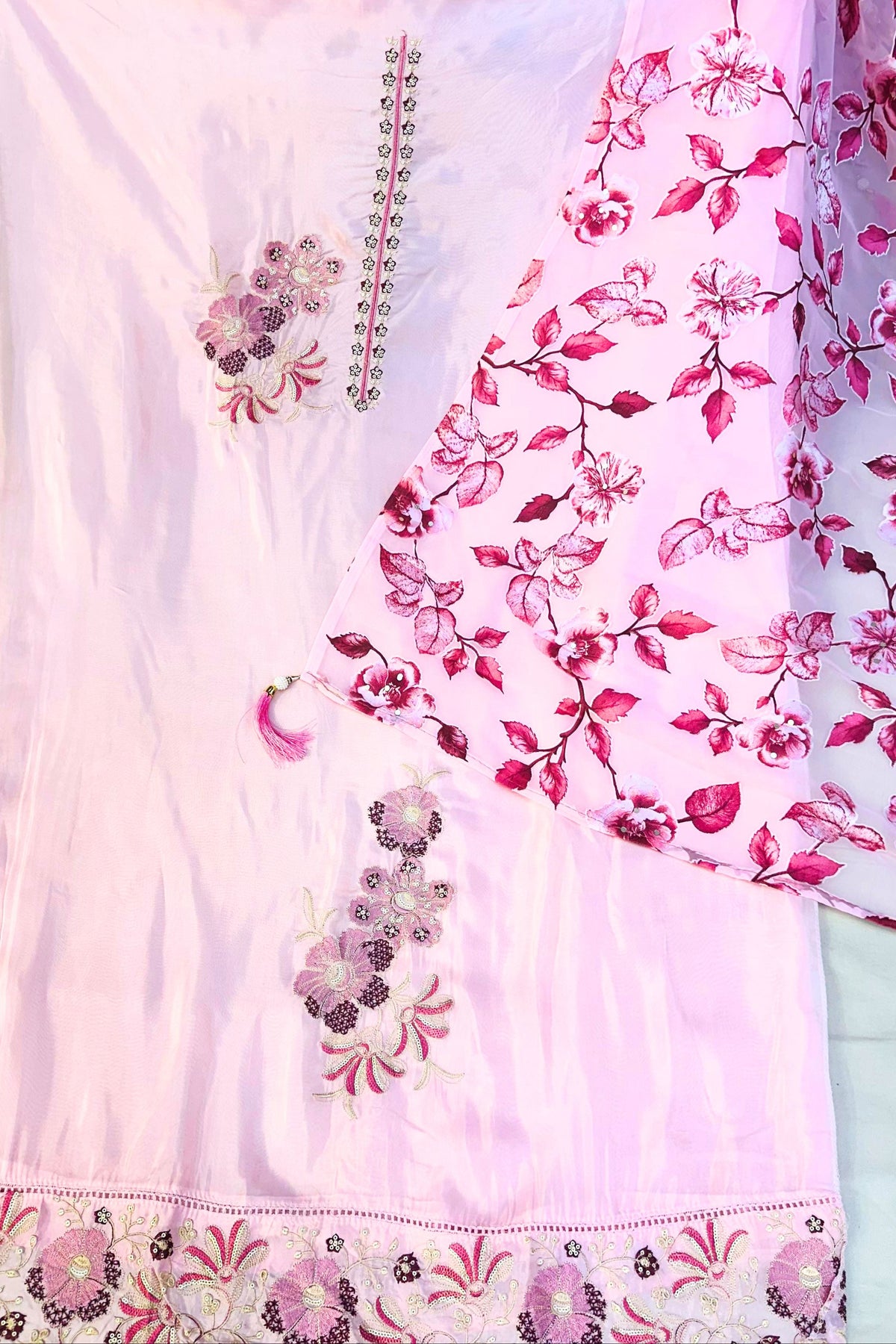 Rose Pink Musleen Thread & Sippi Work Suit Set with Brasho Dupatta