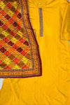 Mustard Silk Thread & Printed Work Suit Set with Lace Dupatta