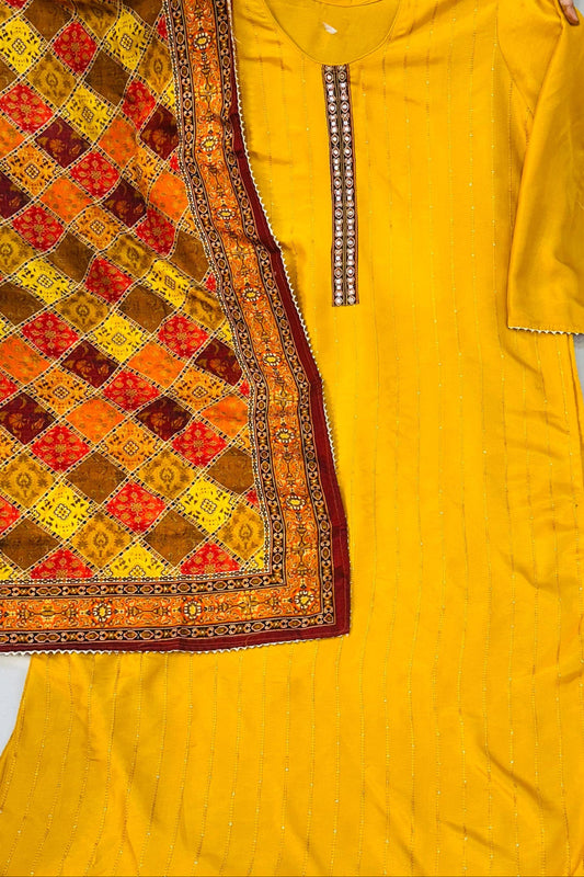Mustard Silk Thread & Printed Work Suit Set with Lace Dupatta