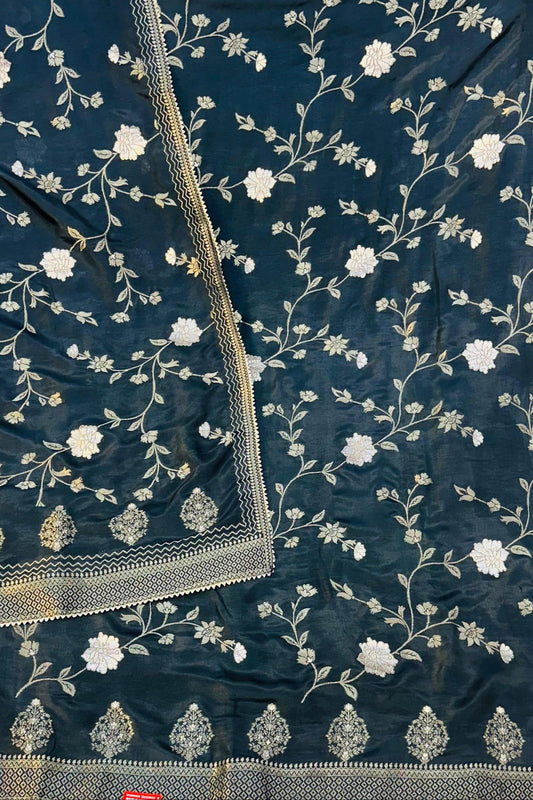 Carbon Black Kosa Silk Suit Set with Kheem Khaam Work