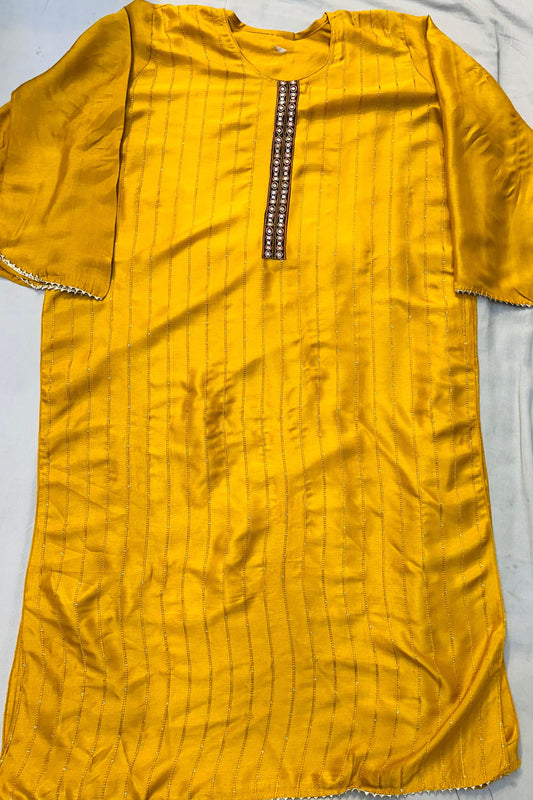 Mustard Silk Thread & Printed Work Suit Set with Lace Dupatta