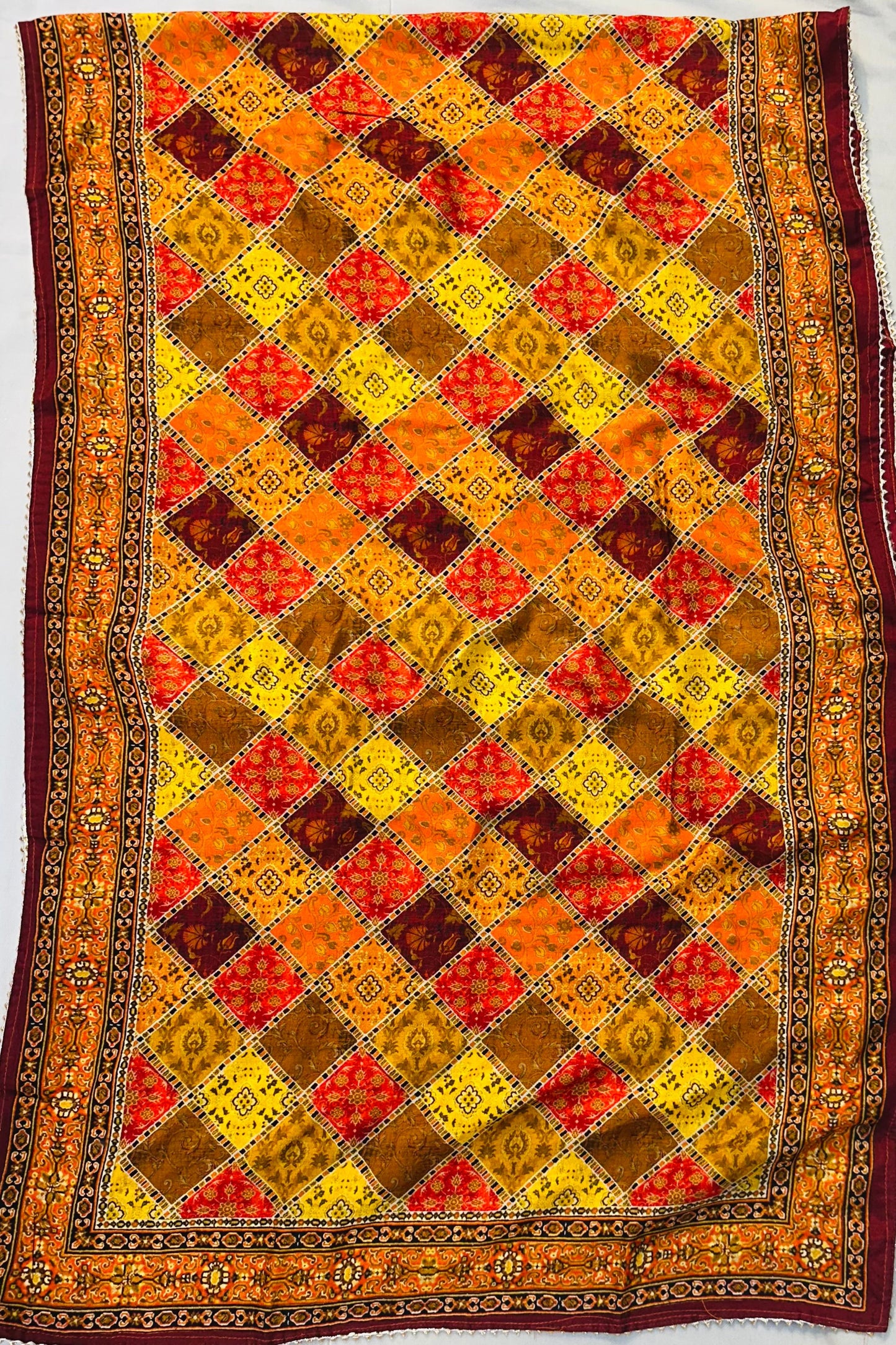 Mustard Silk Thread & Printed Work Suit Set with Lace Dupatta