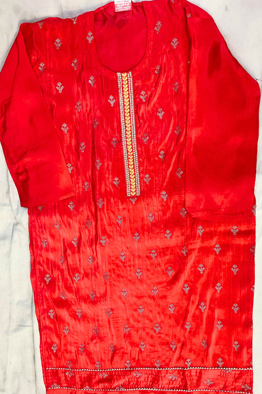 Red & Yellow Silk Suit Set with Sippi Work & Banarasi Dupatta