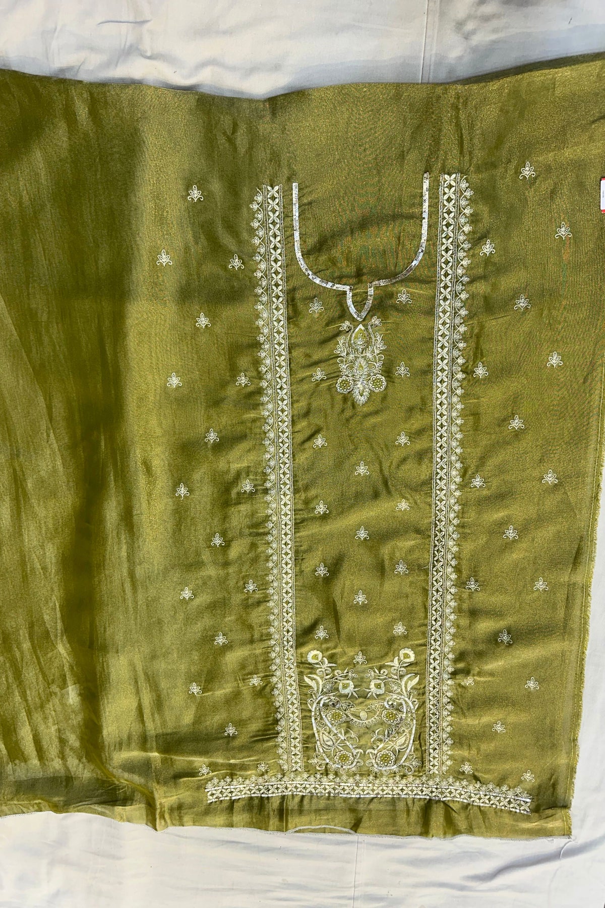 Mehndi Shimmer Silk Embroidered Suit Set with Chinon Dupatta