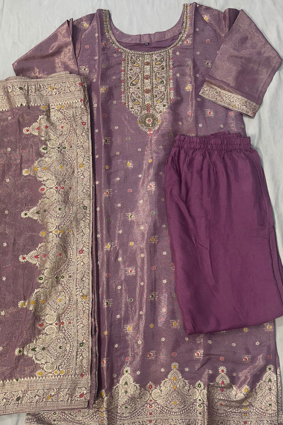 Elegant Mob Shimmer Silk Embroidered Suit Set