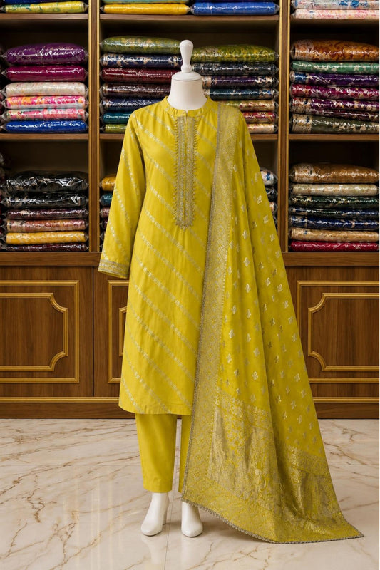 Yellow Banarasi Silk Jari Work Suit Set with Heavy Dupatta
