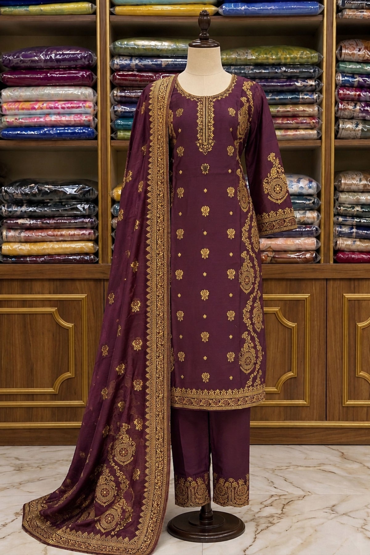Wine Banarasi Silk 3-Piece Suit Set