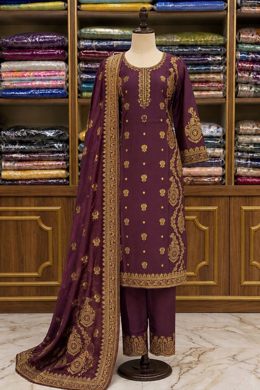 Wine Banarasi Silk 3-Piece Suit Set