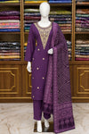 Brinjal Silk Suit Set with Neck Embroidery & Printed Silk Dupatta