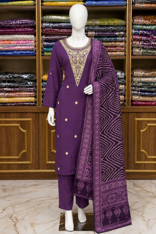 Brinjal Silk Suit Set with Neck Embroidery & Printed Silk Dupatta