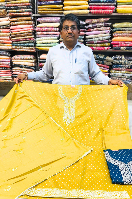 Mustard Yellow Threadwork Kurta Set with Cotton Bottom & Dupatta