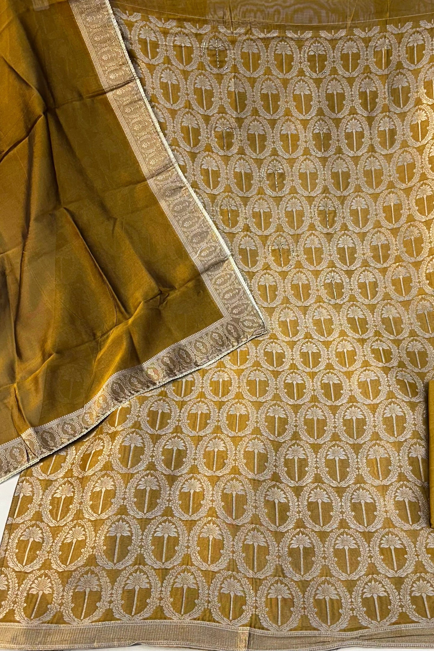 Mustard Banarasi Silk Suit Set with Viving Work