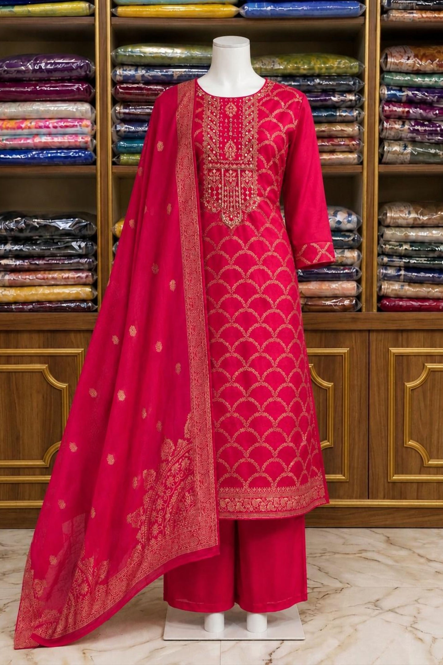 Rani Magenta Silk Shimmer Handwork Suit Set with Printed Dupatta