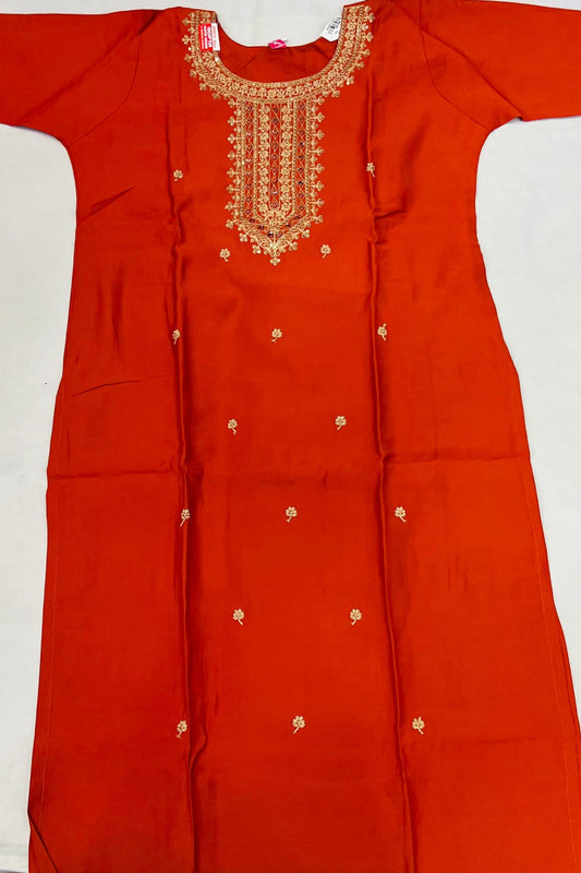 Rust Jari Work Silk Suit Set with Printed Silk Dupatta