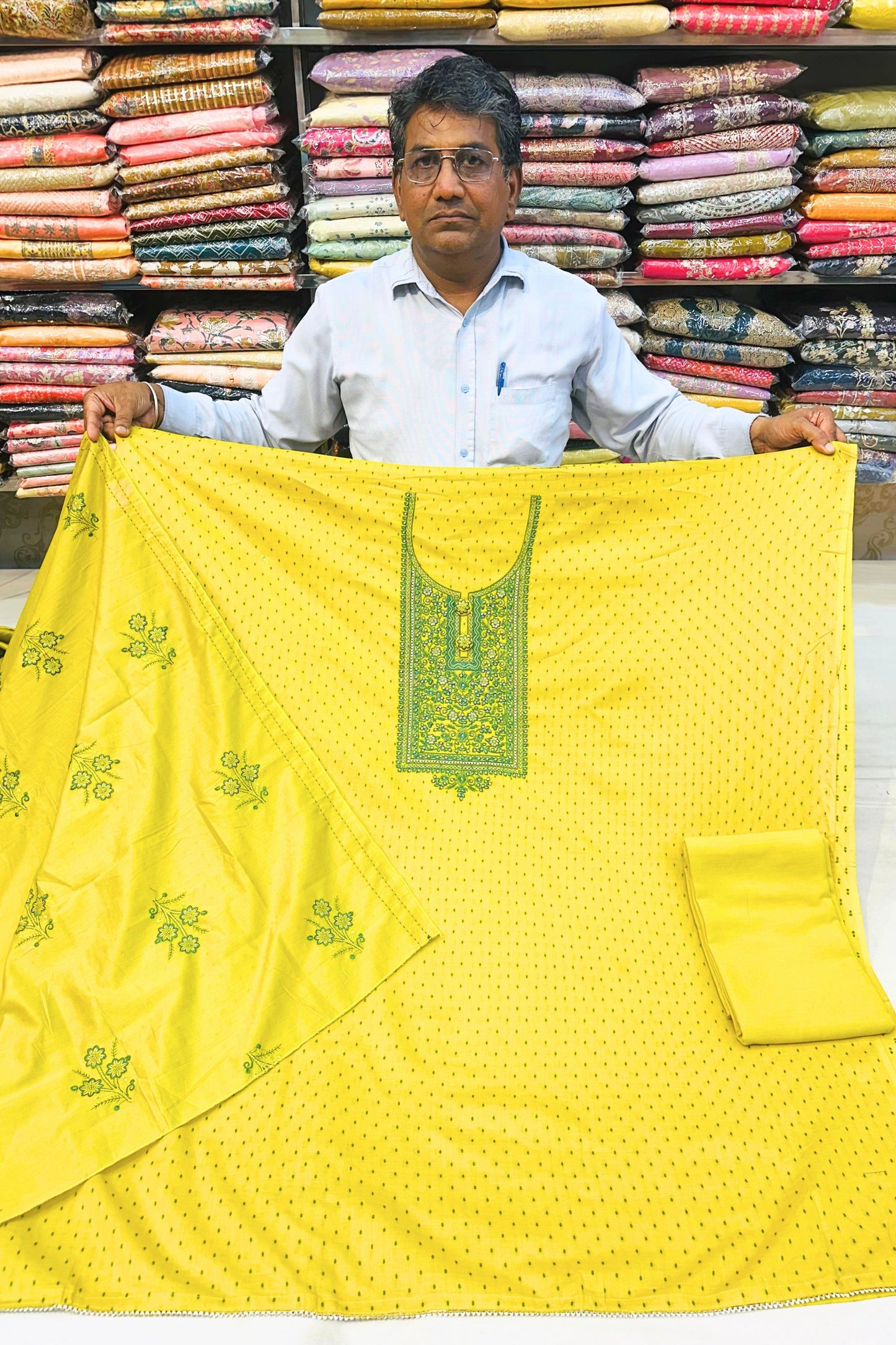 Mustard Yellow Threadwork Cotton Suit Set with Dupatta
