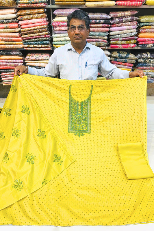 Mustard Yellow Threadwork Cotton Suit Set with Dupatta