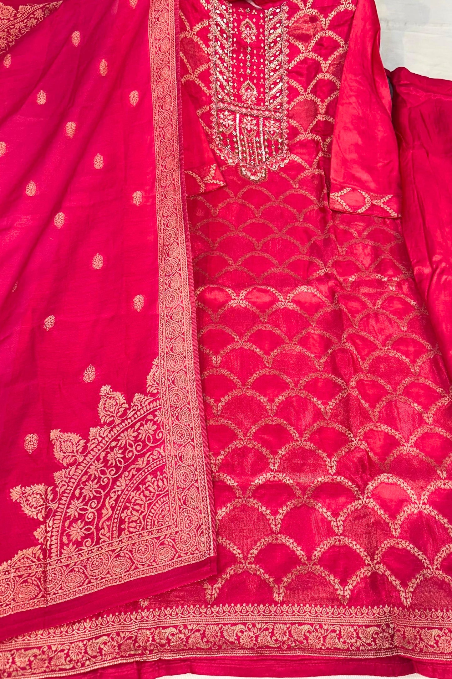 Rani Magenta Silk Shimmer Handwork Suit Set with Printed Dupatta