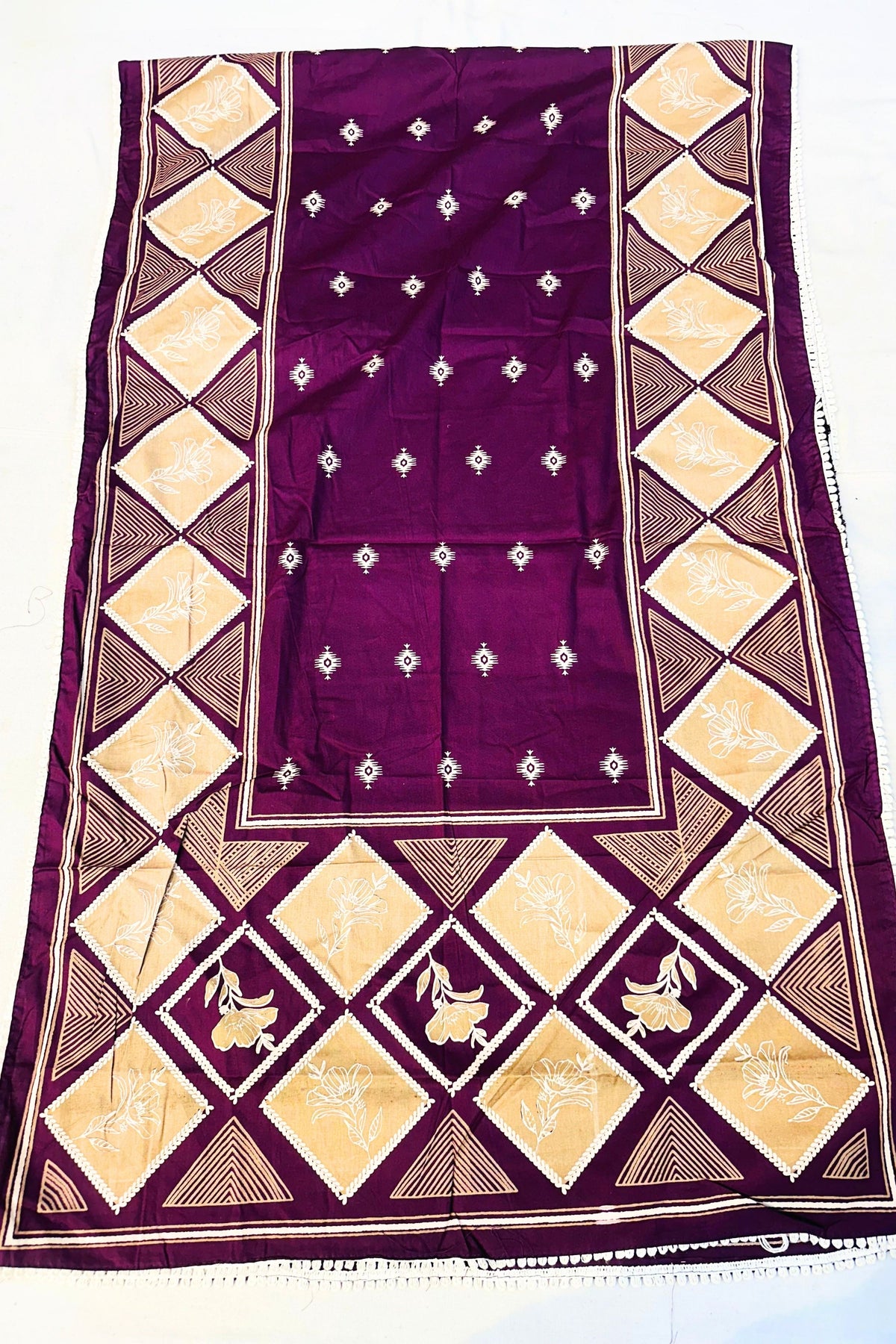 Wine Embroidered Threadwork Suit Set with Printed Dupatta