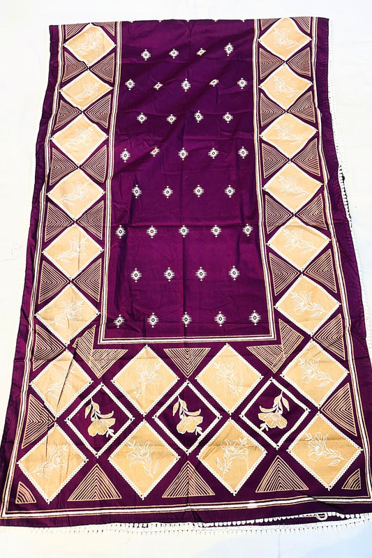 Wine Embroidered Threadwork Suit Set with Printed Dupatta