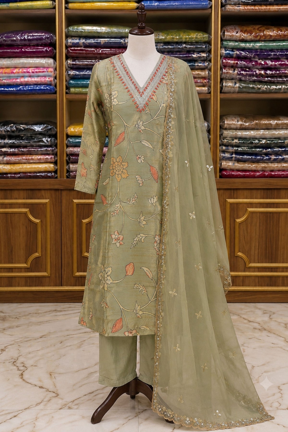 Pista Green Shimmer Silk Digital Work Suit Set with Organza Dupatta